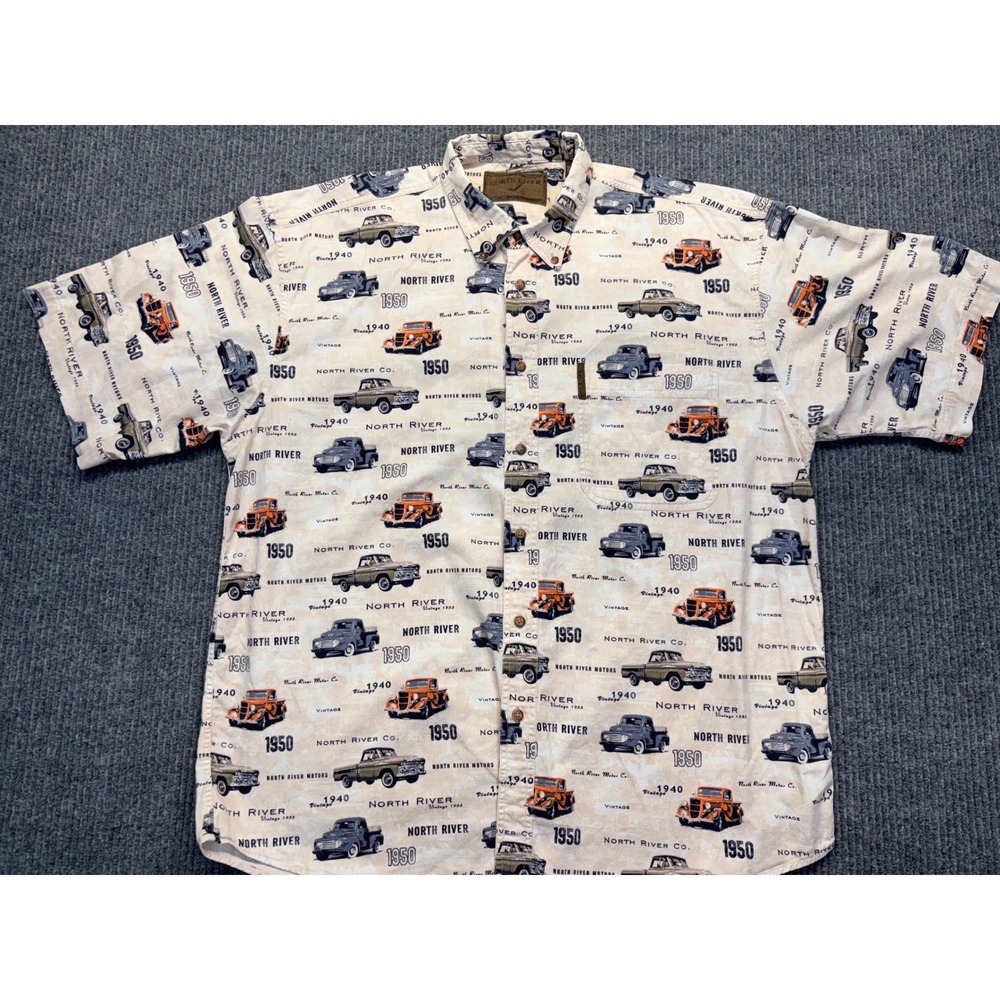 North River Outfitters Mens Large Vintage Truck Print Button Down Shirt Cream